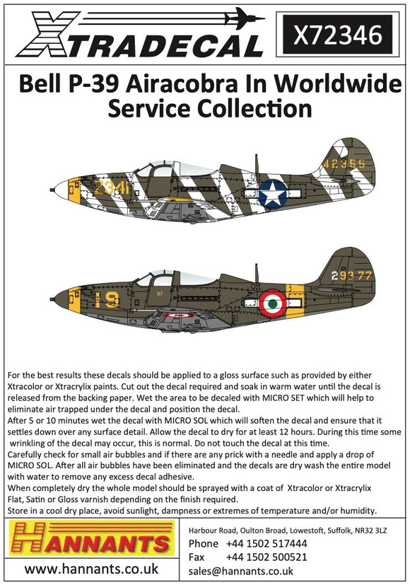 Xtradecal X72346 1/72 Bell P-39 Airacobra In Worldwide Service Collection. (10)
