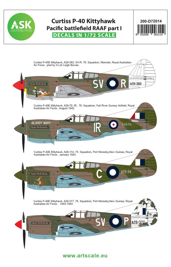 200-D72006 Art Scale 1/72 Curtiss P-40E Kittyhawk Pacific battlefield RAAF 1942-1944 part I