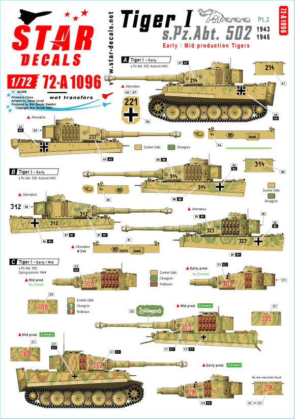 72-A1096 1/72 Pz.Kpfw.VI Tiger I sPzAbt 502 # 2. Early / Mid production Tigers.1943-45.