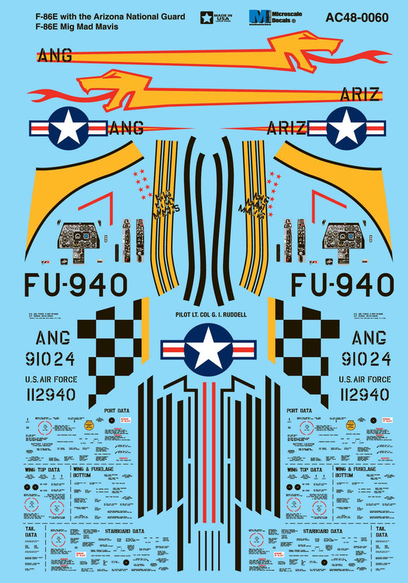 AC480060 Microscale 1/48 North-American F-86E Sabre (2) 112940 FU-940 38th FS, 51st FW Lt Col George I. Ruddell 'Mig Mad Mavis'; 91024 Arizona ANG with yellow Snake on fuselage. Data stencilling for both.