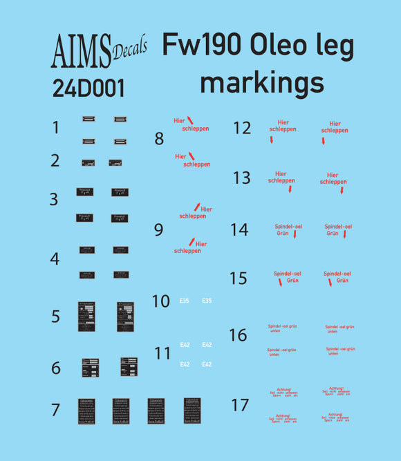 AIMS24D001 Aims 1/24 Focke-Wulf Fw-190A-5/Fw-190A-6 Oleo leg stencils for Airfix kit
