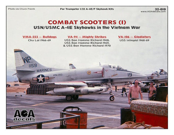 AOA32010 AOA Decals 1/32 Combat Scooters (1) - USN/USMC Douglas A-4E Skyhawks in the Vietnam War. This Part 1 decal sheet focuses on three A-4E Skyhawk squadrons in the Vietnam War.