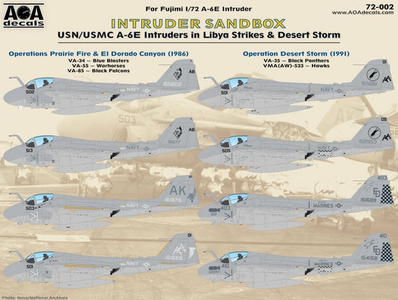 AOA72002 AOA Decals 1/72 Intruder Sandbox - USN/USMC Grumman A-6E Intruders in Libya Strikes & Desert Storm 8 Marking Options Included: