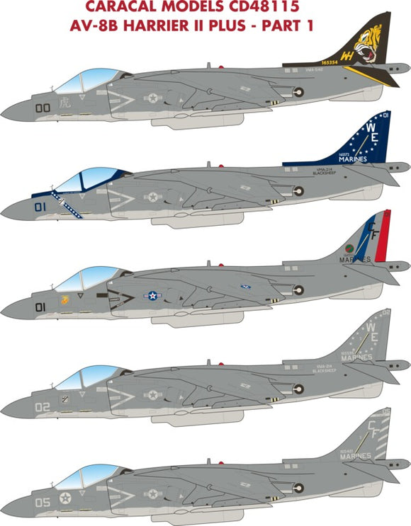 CD48115 Caracal Models 1/48 McDonnell-Douglas AV-8B Harrier II Multiple marking options for the AV-8B Harrier jump-jet AV-8B Harrier II Plus - Part 1. markings for five US Marine Corps aircraft.