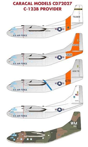 CD72027 Caracal Models 1/72 Fairchild C-123B Provider limited-edition decal sheet has six interesting options for the Roden Fairchild C-123B Provider kit.
