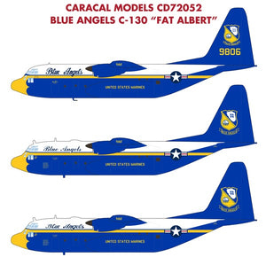 CD72052 Caracal Models 1/72 USMC "Fat Albert" C-130 Markings for the USMC Blue Angels "Fat Albert" C-130 logistic support aircraft, both for the 1980s (A-4 Skyhawk era) and current versions.  (Italeri kit.)