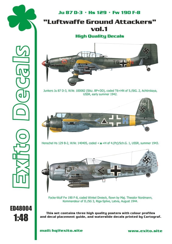 EXED48004 Exito Decals 1/48 Luftwaffe Ground Attackers vol.1 - Junkers Ju-87D-3 'Stuka', Henschel Hs-129, Focke-Wulf Fw-190F-8