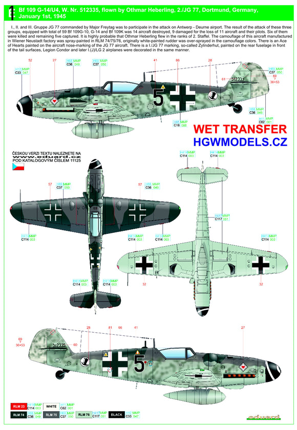 HGW HGW248069 1/48 Messerschmitt Bf-109G-14 (AS) - Markings (designed to be used with Eduard kits) Wet Transfers