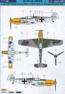KUID48001 Kuivalainen 1/48 Description:Luftwaffe Messerschmitt Bf-109E over Finland  Includes markings for six planes used in Petsamo, Finland, in 1941-42