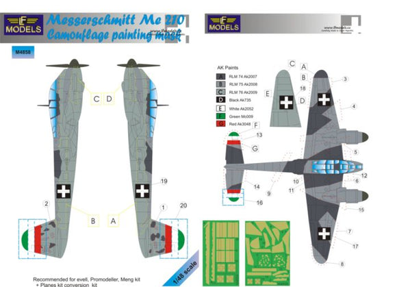 LFMM4858 LF Models 1/48 Messerschmitt Me-210 camouflage pattern paint mask (Revell, Promodeller, Meng kit + Planes kit conversion kits)