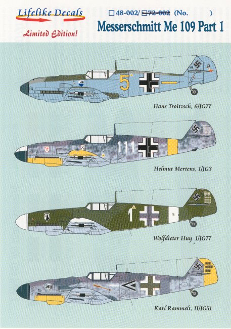 LL48002 Lifelike Decals 1/48 Messerschmitt Bf-109E/Bf-109F/Bf-109G (4) Part 1