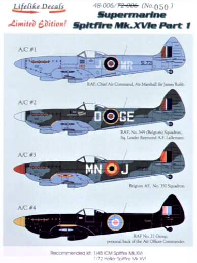 LL48006 Lifelike Decals 1/48 Supermarine Spitfire Mk.XVe Part 1