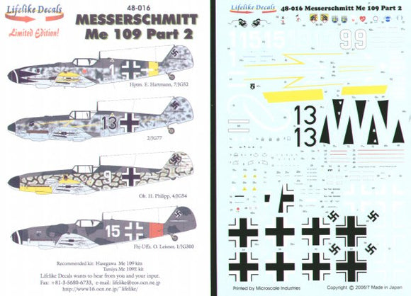 LL48016 Lifelike Decals  1/48 Messerschmitt Me 109 Part 2