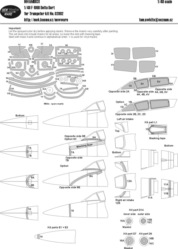 NWAM0031 New Ware 1/48 Masks for Convair F-106B Delta Dart (Trumpeter TU02892 kits)