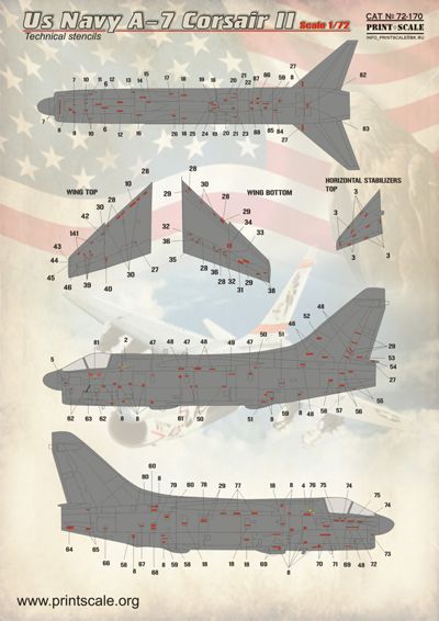 PSL72170 Print Scale 1/72 U.S. Navy A-7 Corsair Technical stencils [A-7A A-7B A-7C A-7D A-7E]