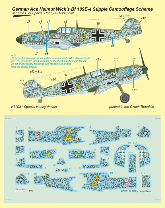 SHK72031 Special Hobby 1/72 German Ace H. Wick's Messerschmitt Bf-109E-4 Stipple Camouflage Scheme.