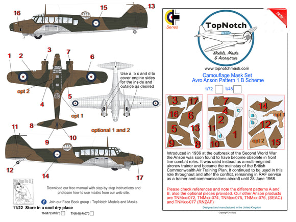 TopNotch TNM48-M073 1/48 Avro Anson Mk.I Pattern B Scheme 1 camouflage pattern paint masks (designed to be used with Airfix and Special Hobby kits)