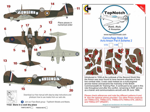 TopNotch TNM48-M074 1/48 Avro Anson Mk.I Pattern A Scheme 2 camouflage pattern paint masks (designed to be used with Airfix and Special Hobby kits)