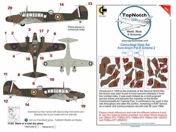 TopNotch TNM48-M075 1/48 Avro Anson Mk.I Pattern B Scheme 2 camouflage pattern paint masks (designed to be used with Airfix and Special Hobby kits)