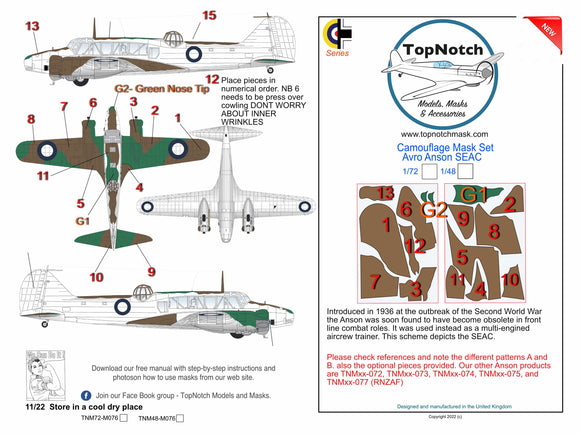 TopNotch TNM48-M076 1/48 Avro Anson Mk.I SEAC camouflage pattern paint masks (designed to be used with Airfix and Special Hobby kits)