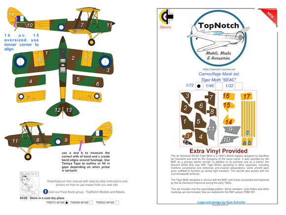 TNM48-M188 TopNotch 1/48 de Havilland DH.82a Tiger Moth SEAC camouflage pattern paint mask (Airfix kits)