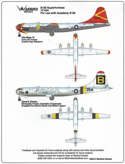 WB72024 Warbird Decals 1/72 Boeing B-29A Superfortress (designed to be used with Academy kits)