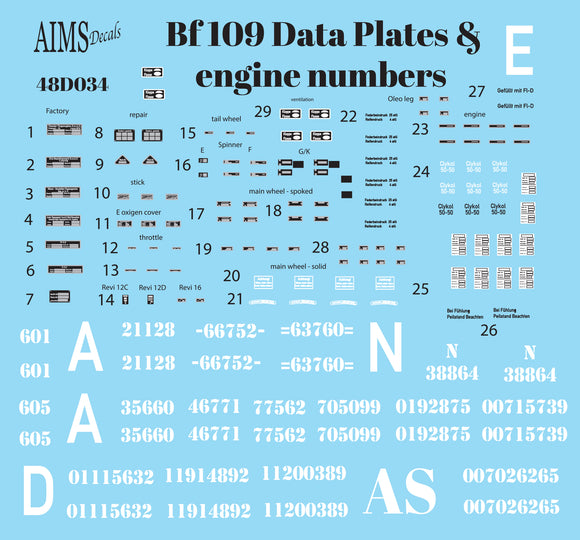 Aims AIMS48D034 1/48  Messerschmitt Bf-109 data plates and engine numbers