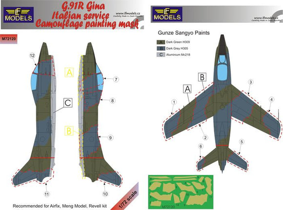 LF Models LFMM72120 1/72 Fiat G.91 R Gina Italian service camouflage pattern paint masks (designed to be used with Airfix, Meng Model and Revell kits)