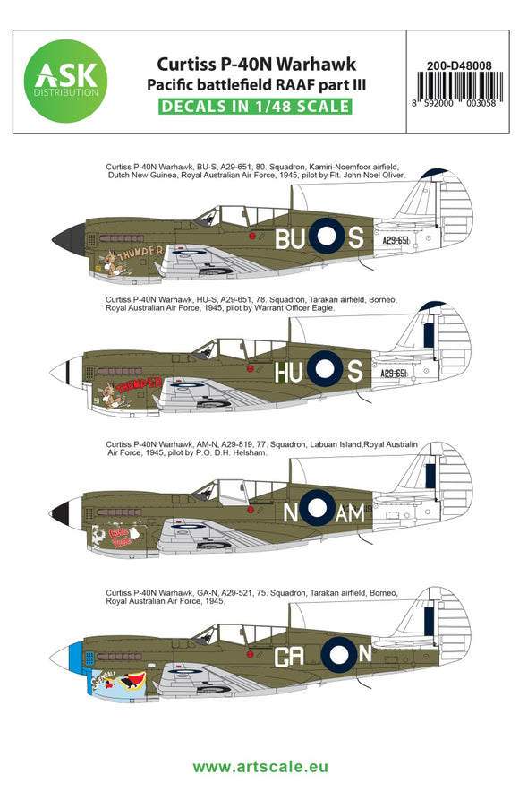 200-D48008 Art Scale 1/48 Curtiss P-40N Warhawk Pacific battlefield RAAF part III