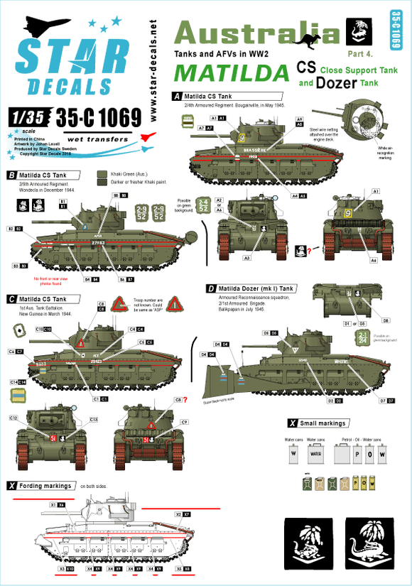 35-C1069 Star Decals 1/35 Australia Tanks & AFVs # 4. MATILDA. CS - Close Support Tank and Dozer Tank in the PTO.