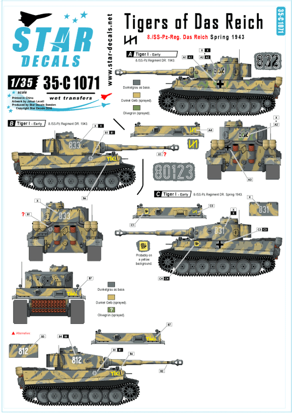 35-C1071 1/35 Re-printed! Generic numbers and insignias for Spring 1943 (incl. TIKI). Pz.Kpfw.VI Tigers of Das Reich. 8./SS-Pz-Regiment Das Reich.