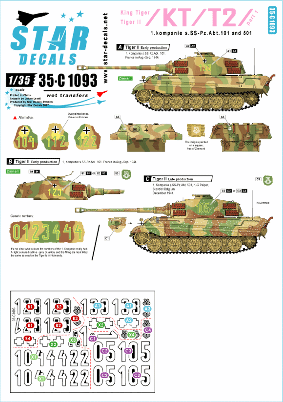 35-C1093 Star Decals 1/35 Pz.Kpfw.VI King Tiger / Tiger II # 1. 1. Kompanie s.SS.Pz-Abt 101/501, France and Belgium (the Bulge).