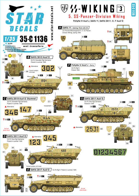 35-C1136 Star Decals 1/35 5. SS-Pz.Div. Wiking. Pz.Kpfw.IV Ausf.J, German Sd.Kfz.11, Sd.Kfz.251/1 Ausf.D, Sd.Kfz.251/3 Ausf.D, Sd.Kfz.251/7 Ausf.D, Sd.Kfz.251/9 Ausf.D 'Stummel'. SS-Wiking # 3.