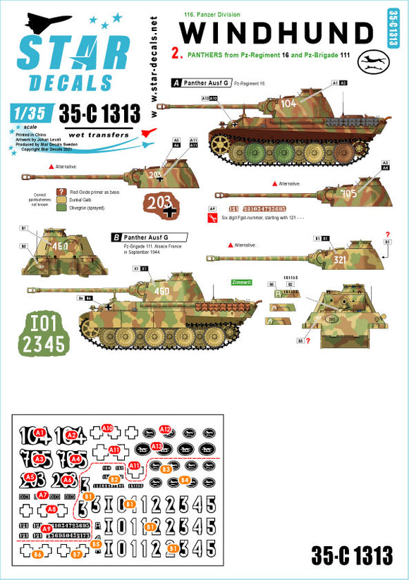 35-C1313 Star Decals 1/35 Windhund # 2. Panthers from Pz-Regiment 16 and Pz-Brigade 111