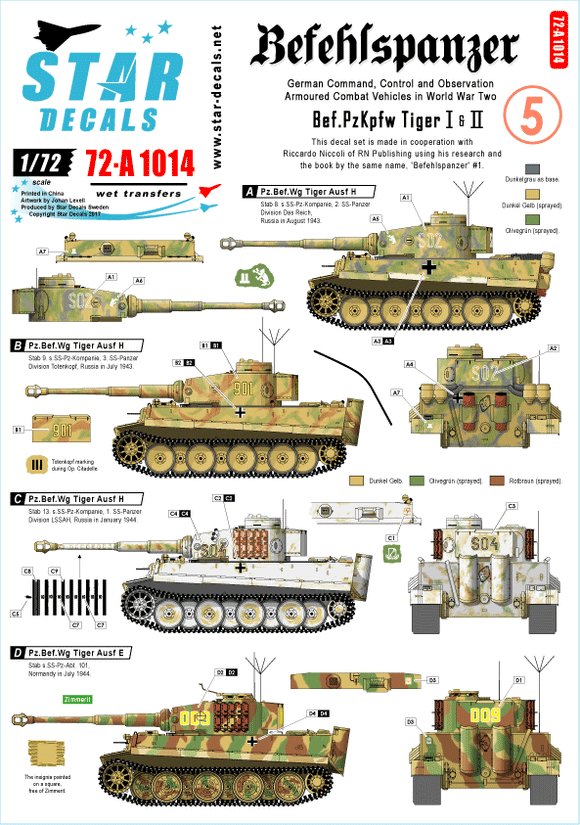 72-A1014 Star Decals 1/72 Pz.Bef.Wagen Pz.Kpfw.VI Tiger I and II. Befehlspanzer # 5. German Command, Control and Observation Tanks.