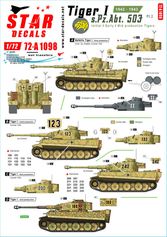 Star Decals 72-A1098 1/72 Tiger I - s.Pz.Abt. 503 # 2. 1942-43. Initial, early and mid production