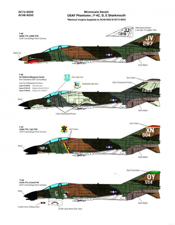 AC720050 Microscale 1/72 USAF Phantoms F-4E Sharkmouths & Air defence Weapons Center