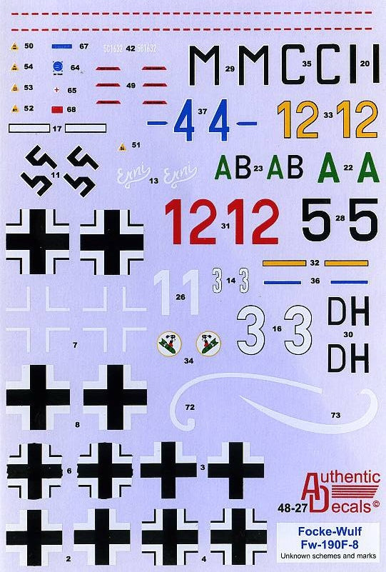 AD4827 Authentic Decals 1/48 Focke-Wulf Fw-190F-8 (12) Different and unusual camouflage schemes.