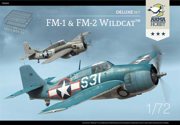 AH70050 1/72 Grumman FM-1 & FM-2 Wildcat ... Deluxe Set double combo, plastic/PE/decal Techmod/mask and plywood flight deck. Double combo. Set includes two different versions of Wildcat, with photoetched parts and masks for each of them.