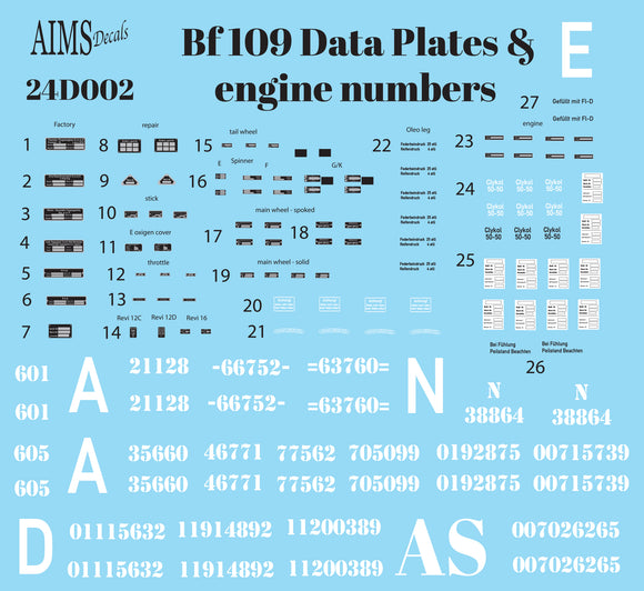 Aims AIMS24D002 1/24 Messerschmitt Bf-109 Data Plates and engine numbers
