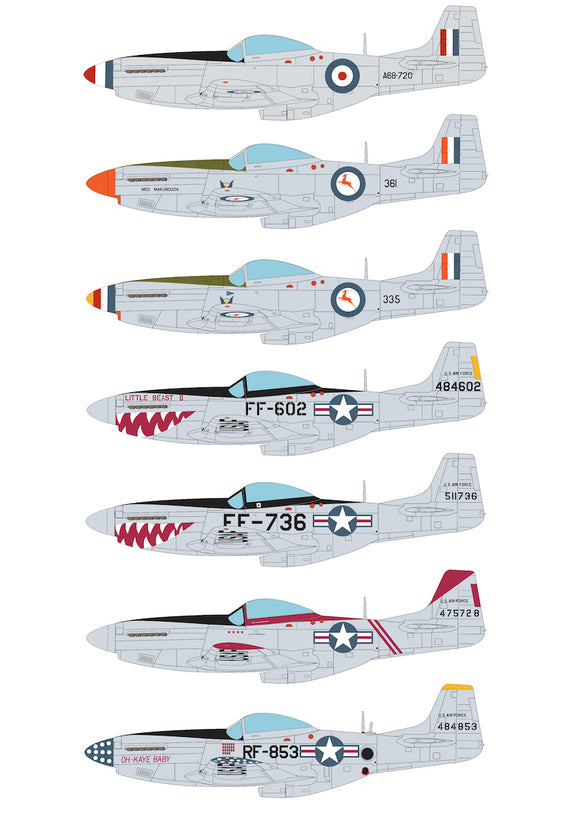 AIMS48D026 Aims 1/48 Korean War North-American P-51D Mustangs. Includes RSAAF x 2 inc 'Miss Marunochi', USAAF x 4 inc OH-KAYE BABY' and 'LITTLE BEAST II'