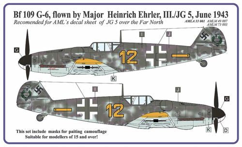 AMLM73003 AML 1/72 Messerschmitt Bf-109G-6 Ehrler camouflage pattern paint mask (designed to be used with AMLD7232)