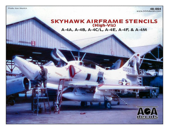 AOA48004 AOA Decals 1/48 Douglas Skyhawk Airframe Stencils (Hi-Viz) - A-4A/A-$B/A-4C/A-4E/A-4F/A-4L/A-4M This sheet provides the A-4 Skyhawk airframe stencils for one aircraft in the high-visibility Navy light grey/white camouflage