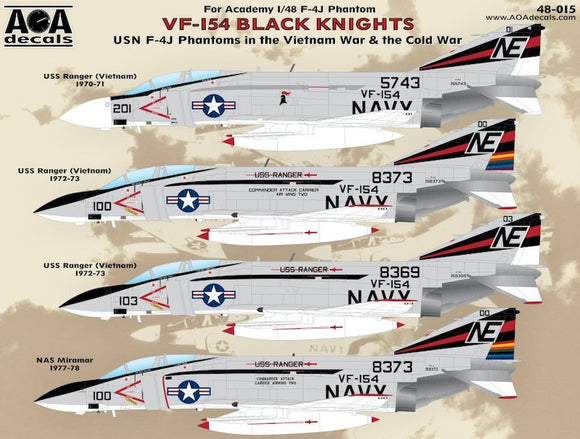 AOA48015 AOA Decals 1/48 VF-154 BLACK KNIGHTS USN McDonnell F-4J Phantoms in the Vietnam War & the Cold War. For Academy 1/48 F-4J Phantom