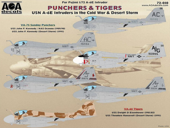 AOA72010 AOA Decals 1/72 Punchers & Tigers - USN Grumman A-6E Intruders in the Cold War & Desert Storm.   VA-65 Tigers and VA-75 Sunday Punchers, with coverage spanning from the 1980s into Operation Desert Storm in 1991.
