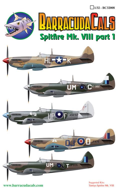 BC32008 Barracuda Studios 1/32 Supermarine Spitfire Mk.VIII - Part 1 This sheet contains markings for 6 different Spitfires operated by different air forces in 23 theatres. Includes stencil data .