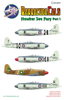 BC48379 Barracuda Studios 1/48 Hawker Sea Fury FB.11 part 1 This sheet contains complete markings for sven Sea Furies: 2 Fleet Air Arm, 3 Australian, and 2 Pakistani Sea Furies.