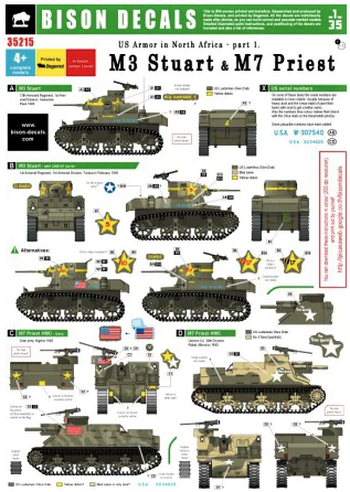 BD35215 Bison decals 1/35 US Tanks in North Africa #1. M7 Priest 105mm Howitzer Motor Carriage & M3 Stuart, 1942-43