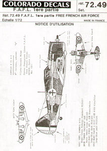 CA72049 Colorado Decals 1/72 Free French 1 (5) Curtiss-Hawk H-75 Hawk No 9; Westland Lysander P9184 Chad 1941; Bristol Blenheim Mk.IVF T1675 Chad 1940; Gloster Gladiator Mk.I K7937 GC Alsace Egypt 1942; Morane-Saulnier MS.406C1 AX674