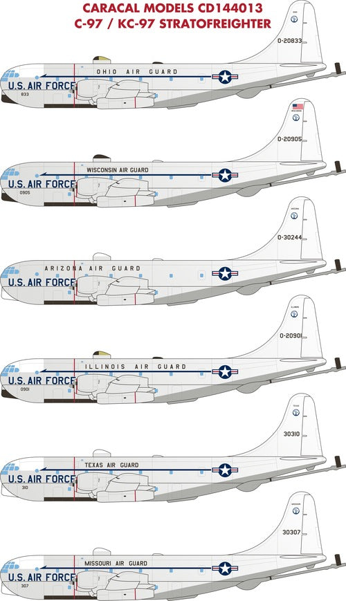 CD144013 Caracal Models 1/144 Boeing C-97/KC-97 Stratofreighter. Multiple marking options for USAF C-97 / KC-97 Stratofreighter transport & tanker aircraft.